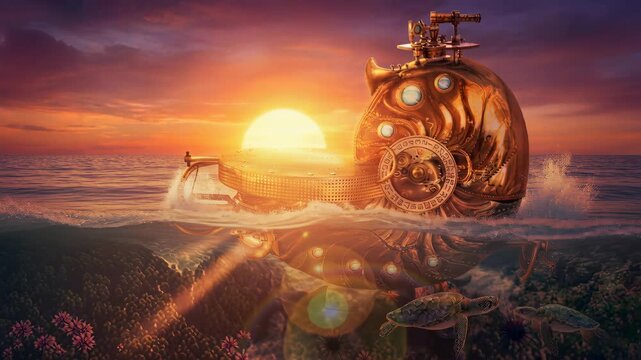 Steampunk submarine rises at golden sunset above a coral reef as a sea turtle glides through clear shallow water near mechanical details and lens flare. Ample sky area offers space for text or titles