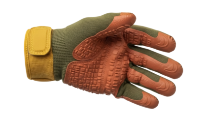 Isolated hand wearing brown palm grip work gloves with green fabric, for construction work