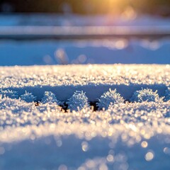 Close-up of frost-covered snow at sunrise
