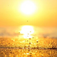 Golden sunrise over water with splashing droplets