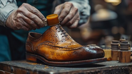 Craftsman polishing and detailing a high-quality leather dress shoe on a wooden workbench in a traditional shoemaker's workshop