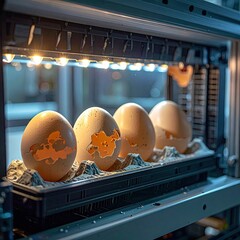 Four eggs, carved with maps, in a specialized incubator
