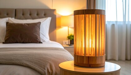 Lit wooden lamp on a nightstand in a cozy, softly-lit bedroom