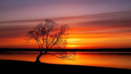 Mesmerizing sunset illuminates a tranquil waterscape with a solitary bare tree