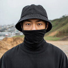 Young Asian man wearing black bucket hat and face mask outdoors