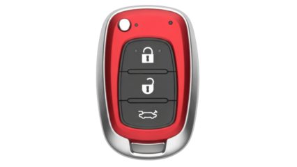 Isolated modern smart-car key fob with red trim, lock, unlock, and trunk buttons, no background