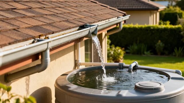Medium shot of a rainwater harvesting system with roof gutters directing water into a large storage tank for sustainable water conservation in a residential setting.