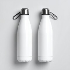 Two identical white insulated water bottles sit atop a light gray surface.  Metal caps and clips are visible