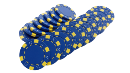 Isolated pile of vibrant blue and yellow poker chips stacked for playing card game deal