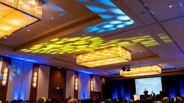 Medium shot showcasing colorful programmable light fixtures enhancing the atmosphere during a conference in a spacious convention center.