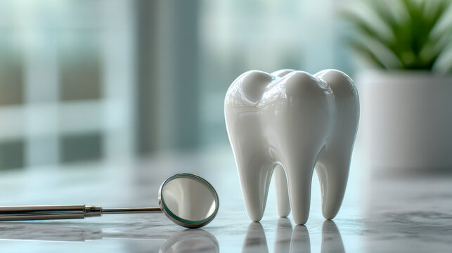 A shiny white ceramic molar model and a dental mirror placed on a reflective surface with a blurred dental clinic background for oral health concept
