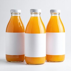 Three clear glass bottles of orange juice, each with a blank white label