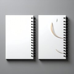 Two blank spiral-bound notebooks, top-down view.  Light beige/tan,  decorative, curled  lines or ribbons on the right notebook