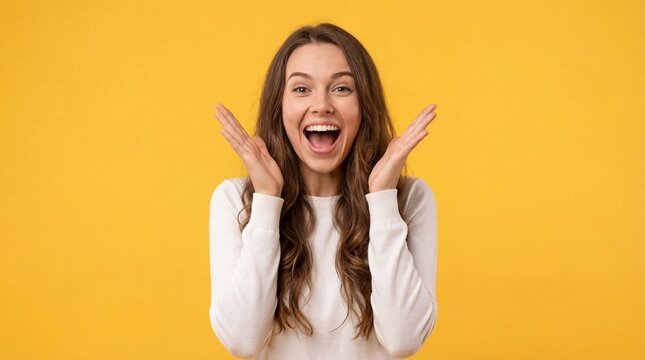Happy surprised young woman smiling with hands near face on bright yellow background