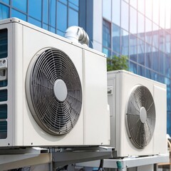 Two large HVAC units mounted on a rooftop,  exterior of a modern office building