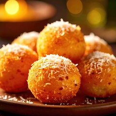 Close-up of golden, round, bite-sized treats