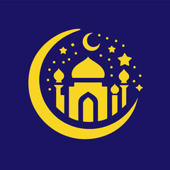 Stylized Golden Mosque Silhouette with Moon and Stars on a Deep Blue Background for Islamic Celebrations