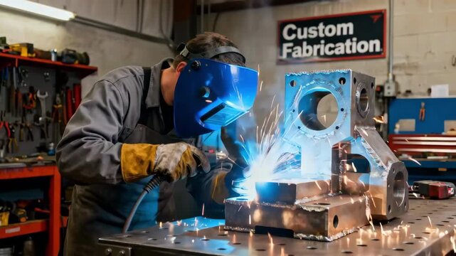 Medium shot of skilled technician welding custom machinery parts to create a bespoke industrial solution tailored to unique client specifications.