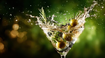 A dynamic splash emerges from a martini glass filled with liquid, garnished with olives and herbs, capturing the essence of a refreshing cocktail experience in a bar setting.