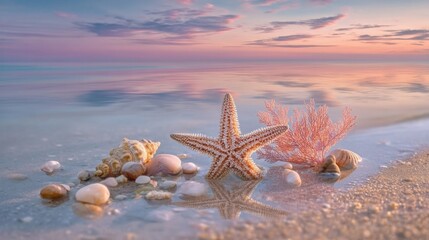 A tranquil beach at sunrise or sunset with pink, orange, and blue sky reflected on calm sea, featuring starfish, shells,