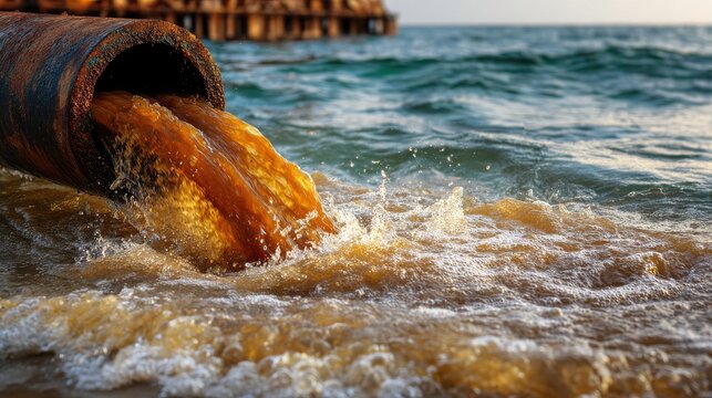 Industrial sewage pipe discharging dirty brown water into the ocean causing environmental pollution