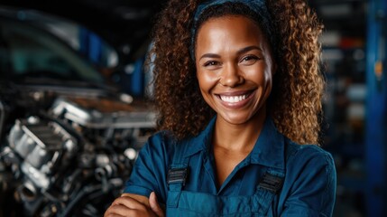 A cheerful African American woman mechanic smiles confidently in her workshop, showcasing her skills and passion for automotive work, representing empowerment in non-traditional roles.