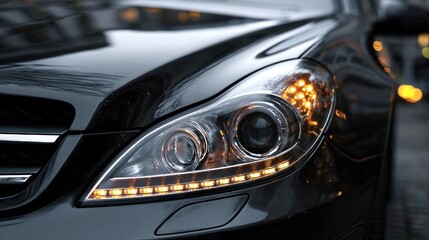 Fototapeta premium Close up view of a modern car headlight with bright illumination
