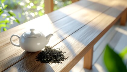 Teapot and loose leaf tea on wooden table with natural sunlight