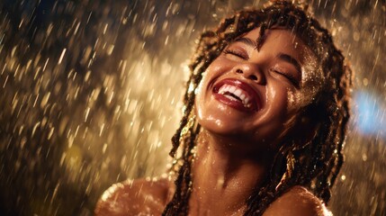 Fototapeta premium A joyful woman with dreadlocks smiles brightly, embracing the refreshing rain, embodying carefree spirit and natural beauty under the shimmering water droplets.