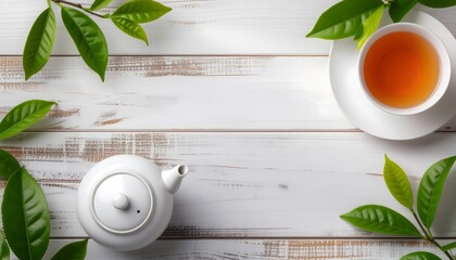 Minimal tea background with teapot, tea cup and green leaves on wooden table