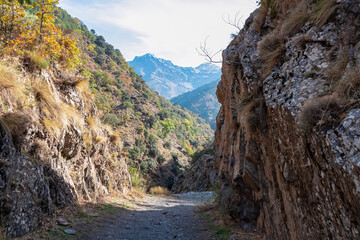 A narrow rocky hiking path winds through a steep gorge towards the majestic snow-capped peaks, showcasing the rugged terrain of the Vereda de la Estrella trail in Granada, Andalusia, Spain.
