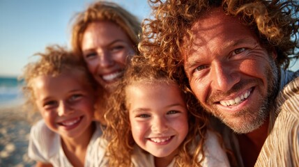 A happy family, with curly hair, smiles as they gather at the beach, emulating joy and love in a sunlit atmosphere, capturing the essence of togetherness and warm memories.