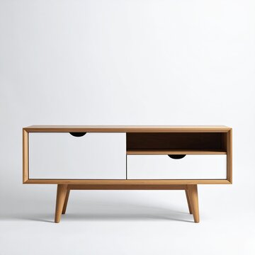 Light-colored wooden TV stand with two white drawers