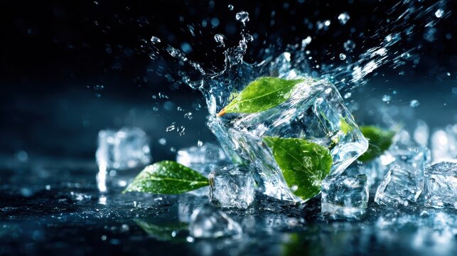 A vibrant depiction of ice cubes splashing into water, combined with fresh green leaves, symbolizing freshness, coolness, and a serene aquatic environment.