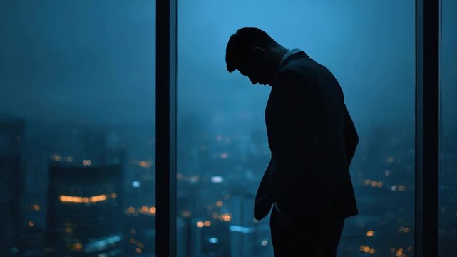 Man silhouette looking out of large city panoramic window. Businessman contemplating strategy from high-rise office. Corporate contemplation concept. Sad guy, work problem, failure, money loss, fail.