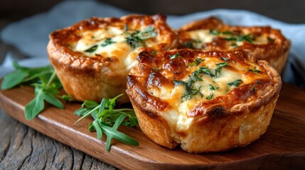 Three golden-brown quiches filled with creamy cheese and herbs, arranged aesthetically on a wooden board, highlighting culinary art and temptations of home-cooked food.
