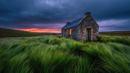 Remote stone cottage in a grassy moorland at sunset with dramatic sky