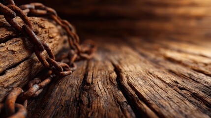 This intriguing image features a rustic wooden background accompanied by a rusty metal chain, evoking themes of durability and history in a beautifully textured and atmospheric setting.