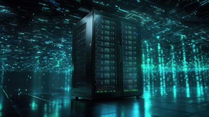 Futuristic Data Center with Glowing Network Connections and Server Racks.