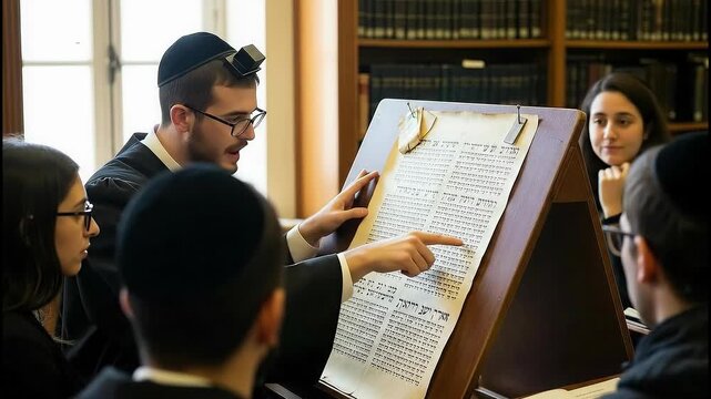 Rabbi teaches Hebrew script as students follow along in a classroom setting