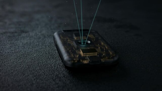 Hardware security token rests on dark textured surface with translucent casing revealing circuit traces and connectors. Thin light beams emanate from a central opening suggesting data transfer and aut