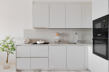 Modern Minimalist White Kitchen Interior with Built-in Black Appliances
