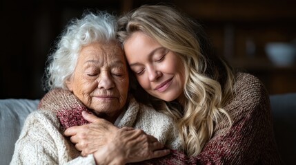 A heartwarming moment captured between a young woman and an elderly lady embracing, portraying love, warmth, and familial bonds transcending generations.