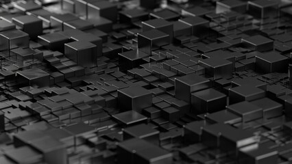 High-quality 3D render of dark metallic square tiles forming a complex geometric pattern. The uneven cube heights and brushed metal reflections create a modern abstract background ideal for technology