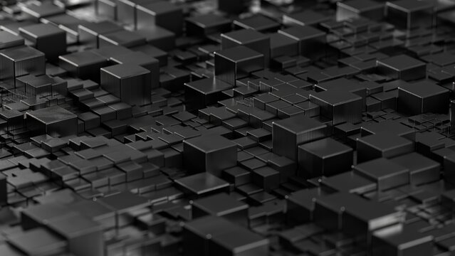 Fototapeta High-quality 3D render of dark metallic square tiles forming a complex geometric pattern. The uneven cube heights and brushed metal reflections create a modern abstract background ideal for technology