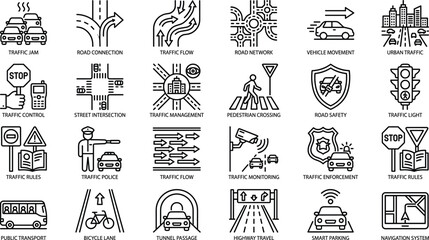 Traffic icons, transportation symbols, urban mobility, road safety, traffic control, smart parking, public transport, navigation, highway, intersection, tunnel, pedestrian, traffic jam © MstMousumi