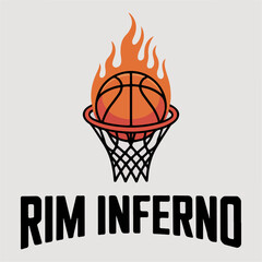Rim Inferno flaming rim with basketball and net, vivid hot hoops logo; striking sports emblem vector for clubs, tournaments, posters and fan gear
