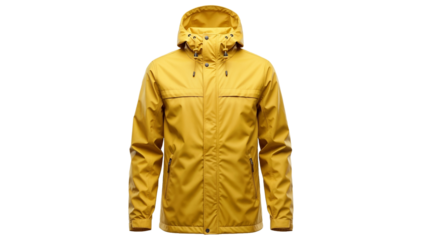 Bright yellow rain jacket with hood on a gray background and copy space