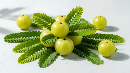 Fresh green gooseberries hanging on a leafy branch isolated on a clean white background