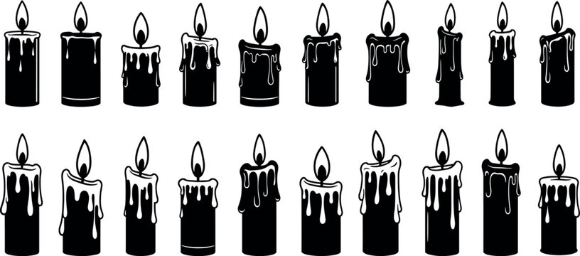 Black silhouette melting candle collection with dripping wax and flickering flames for mystical rituals spooky Halloween decor and atmospheric vector designs